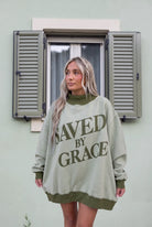 Saved By Grace Laurel Green mock-neck oversized graphic sweatshirt by Grateful Threads Boutique