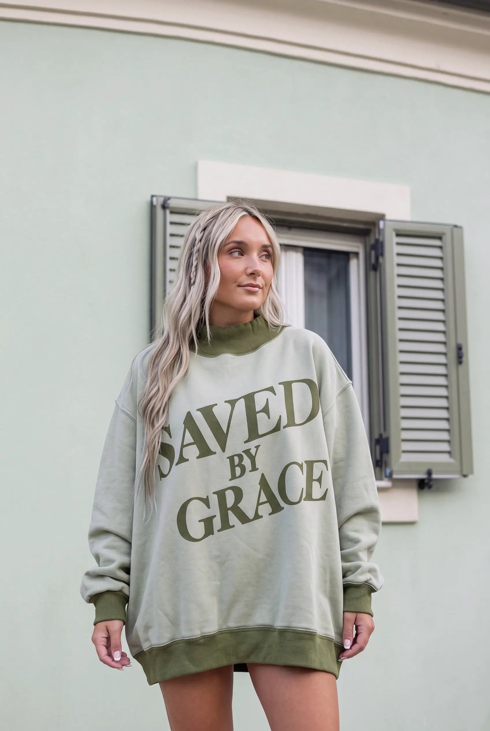 Laurel Green mock-neck oversized graphic sweatshirt by Grateful Threads Boutique featuring SAVED BY GRACE.