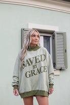 Laurel Green mock-neck oversized graphic sweatshirt by Grateful Threads Boutique featuring SAVED BY GRACE.