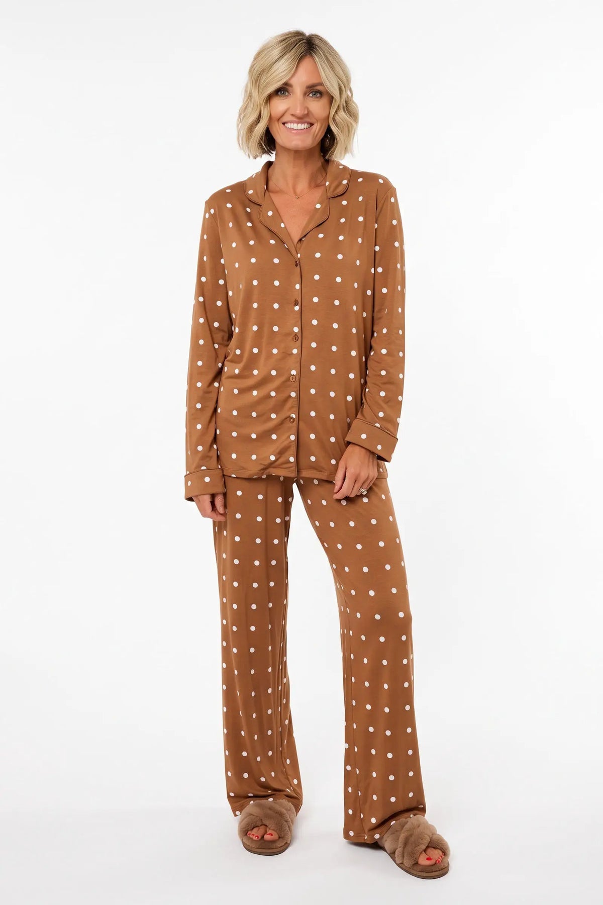 Grateful Threads Boutique Sweet Southern Charm camel brown polka dot sleep set; long-sleeve top and matching pants.