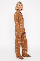 Sweet Southern Charm camel brown polka dot sleep set by Grateful Threads Boutique, matching long-sleeve top and pants