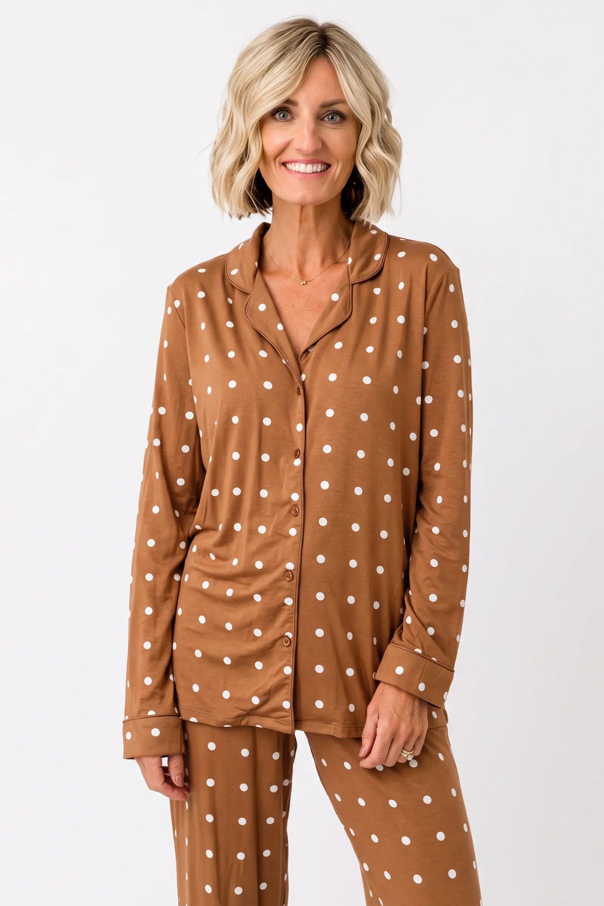 Sweet Southern Charm camel brown polka dot Sweet Sleep Set, two-piece loungewear by Grateful Threads Boutique