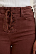 Judy Blue Jaqueline high-waist lace-up flare jeans in cocoa brown, front lace-up detail