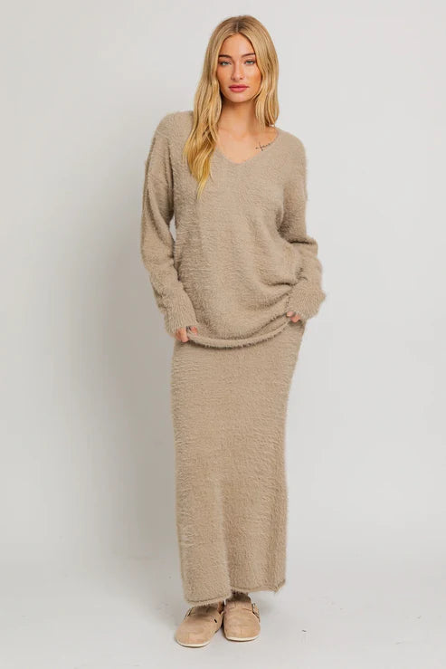 Beige fuzzy sweater and maxi skirt set.