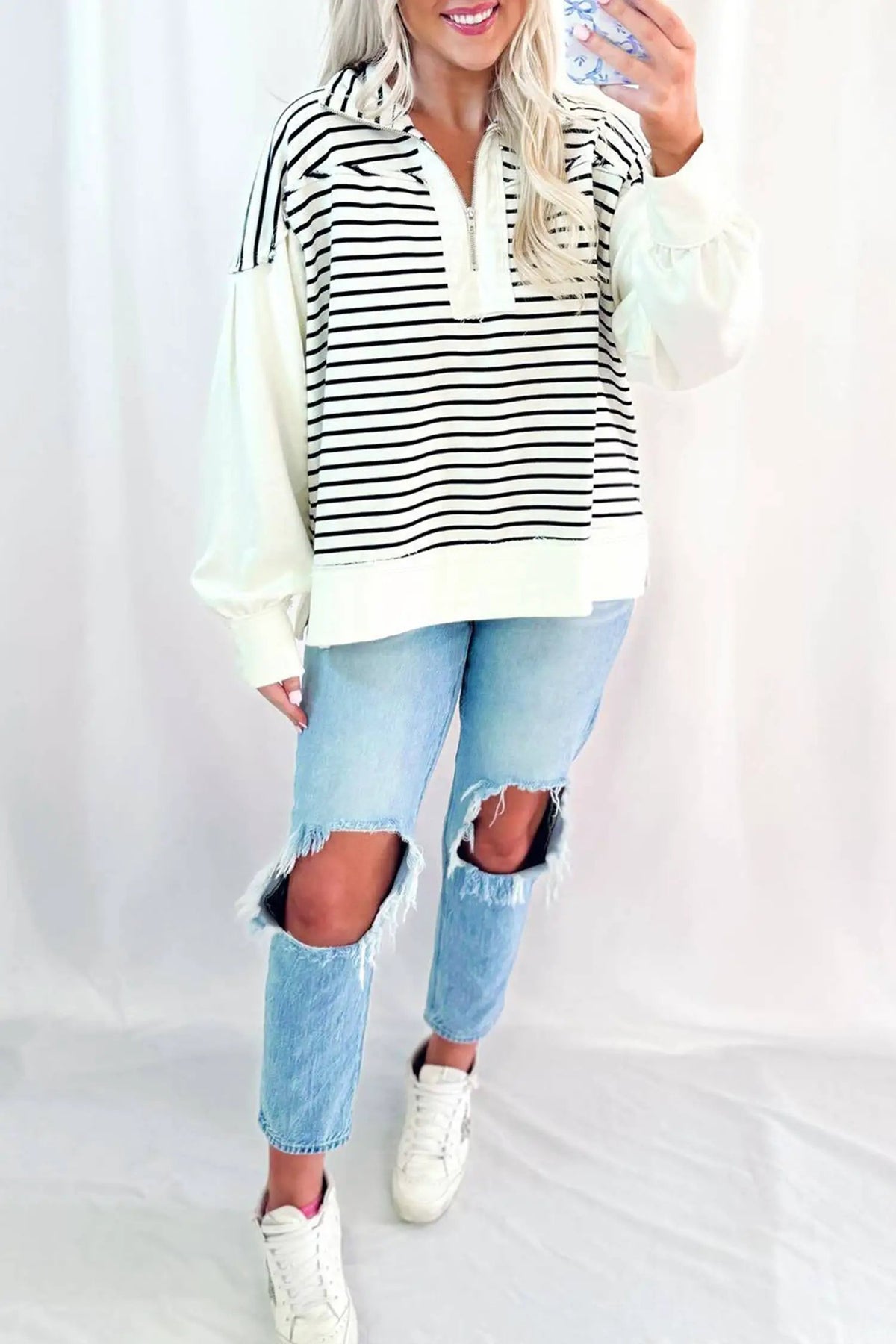 The Caroline Long Sleeve Top - White Stripe — view 2