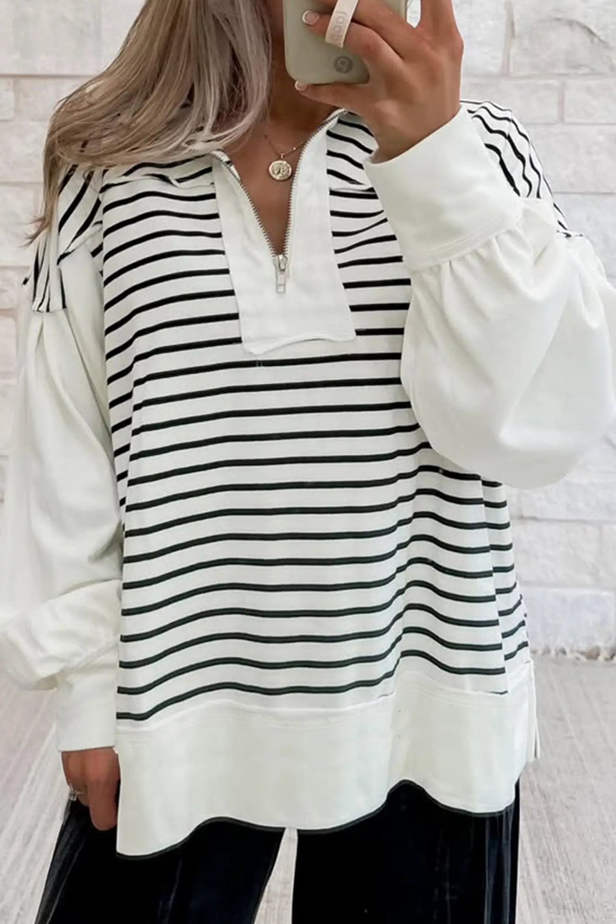 The Caroline Long Sleeve Top - White Stripe — view 3