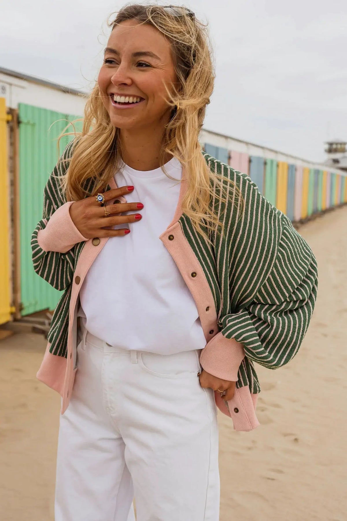 The Presley Cardigan - Green Stripe — view 3