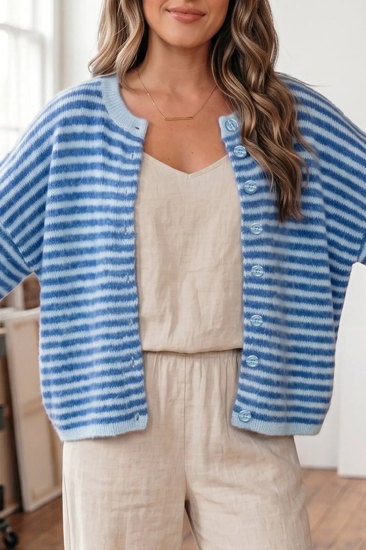 The Lucy Cardigan - Blue Stripe — view 2