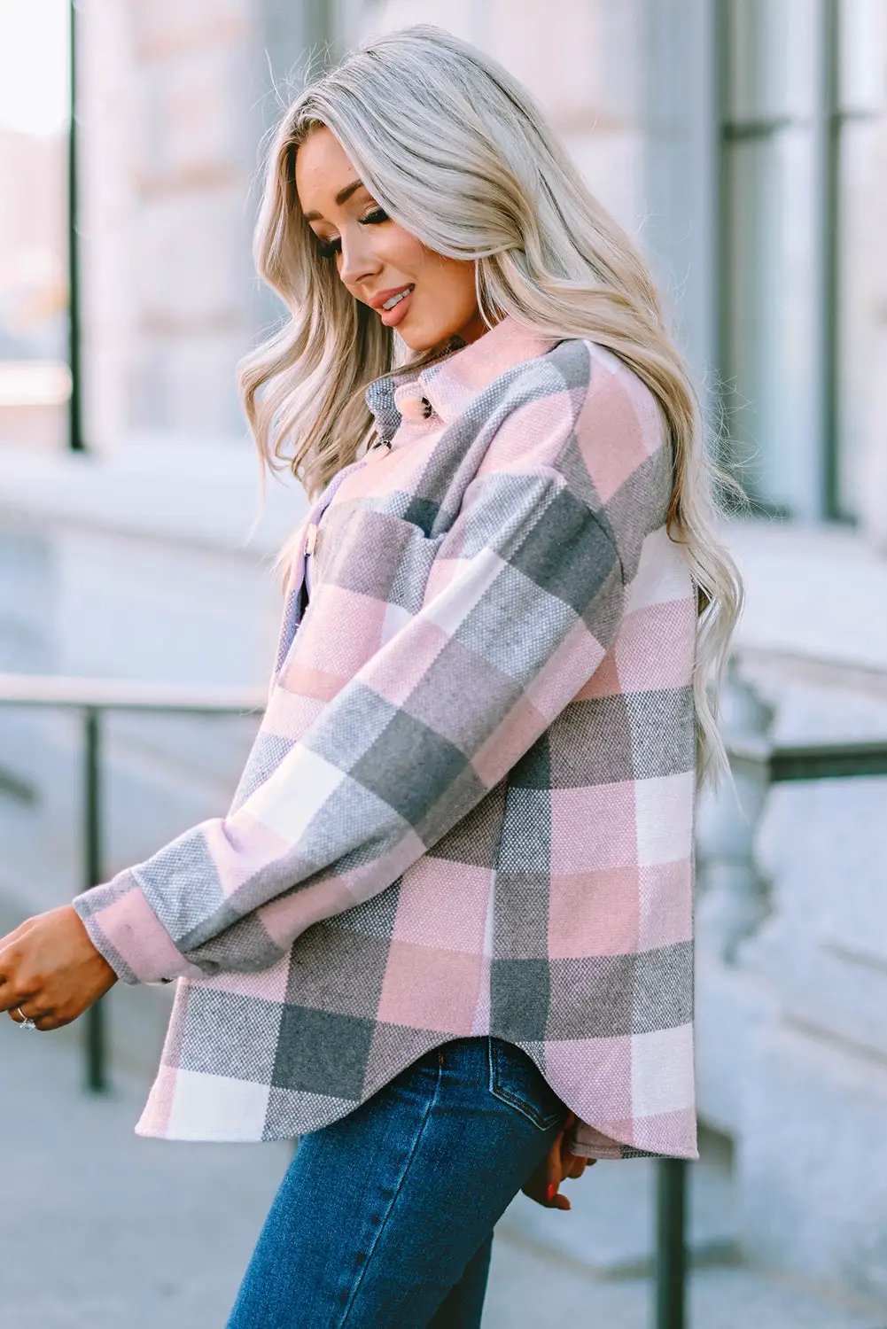 The Sage Plaid Shacket - Pink — view 3