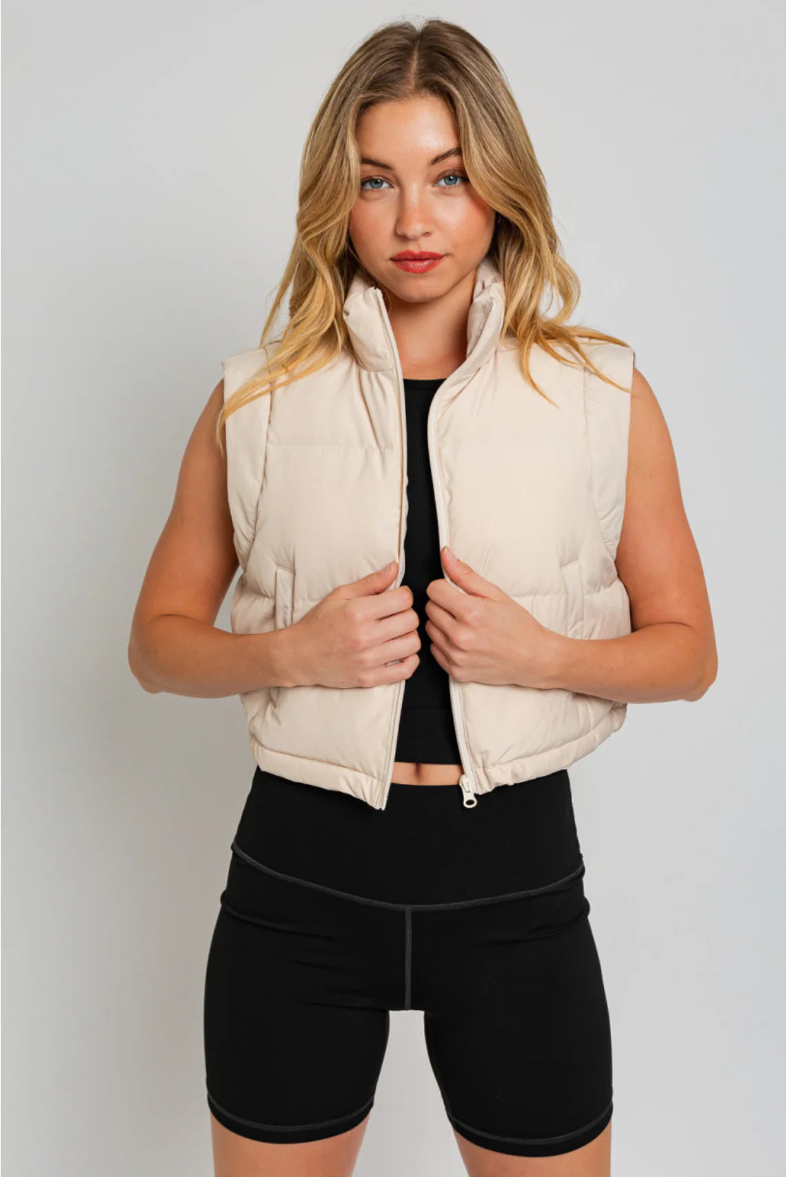 Beige puffer vest, woman's fashion.