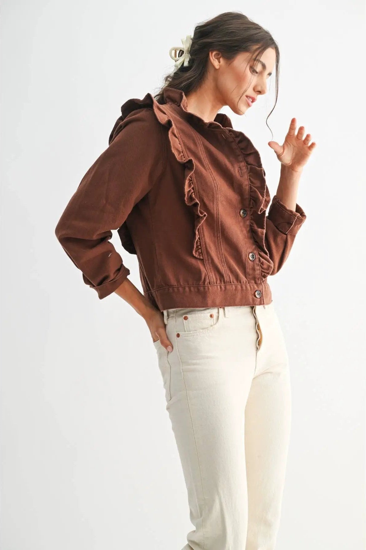Camellia Camellia - RUFFLED BUTTON-UP DENIM JACKET: BROWN / S-M-L(3-2-1) -