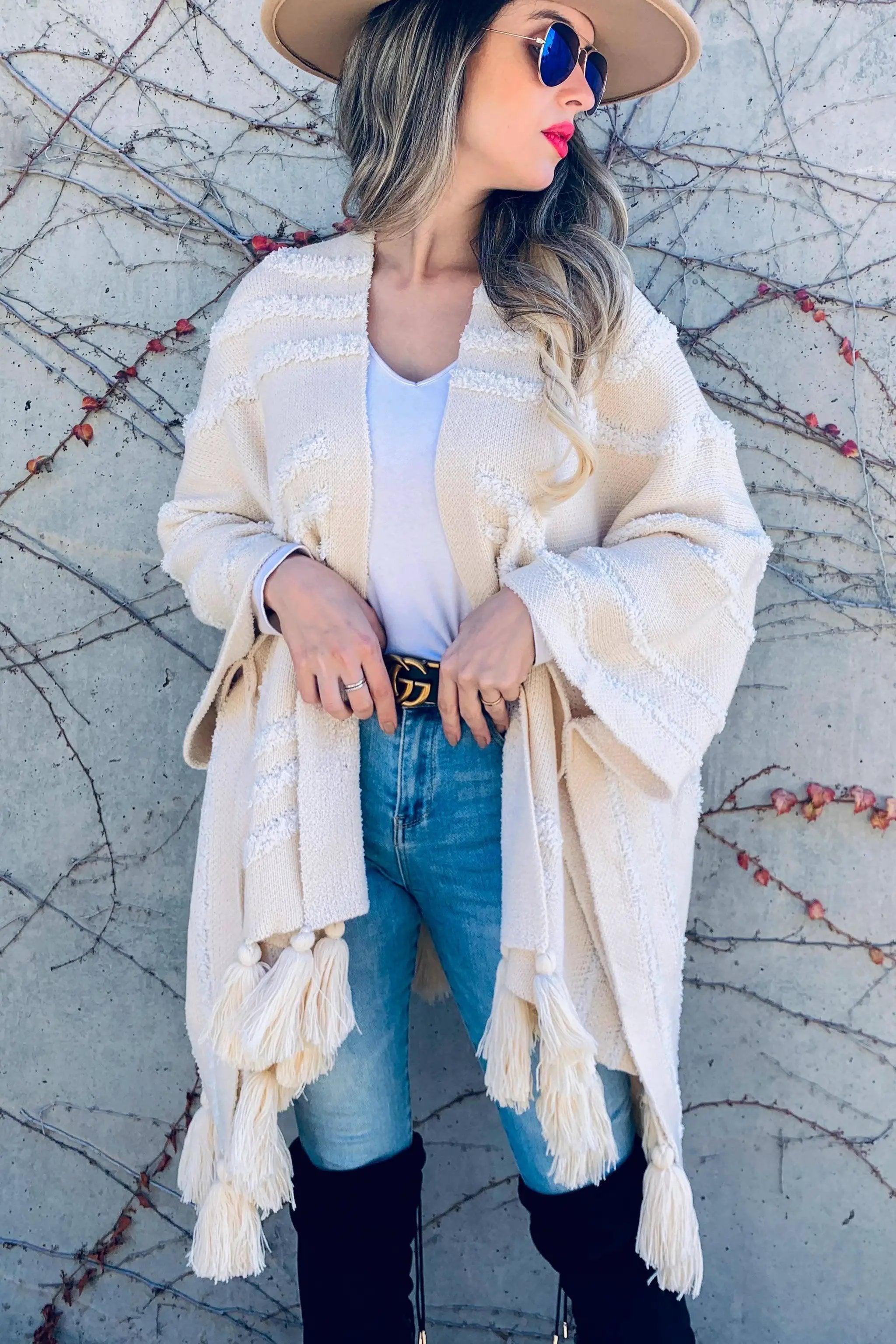 AMOLI AMOLI - Cream Western Textured Pattern with Chunky Tassel Cardigan - Cardigans