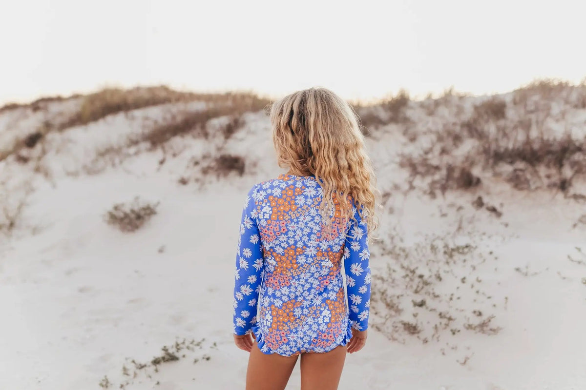 Oopsie Daisy Periwinkle Daisy Zip Rash Guard One Piece Swimsuit - Rash Guards