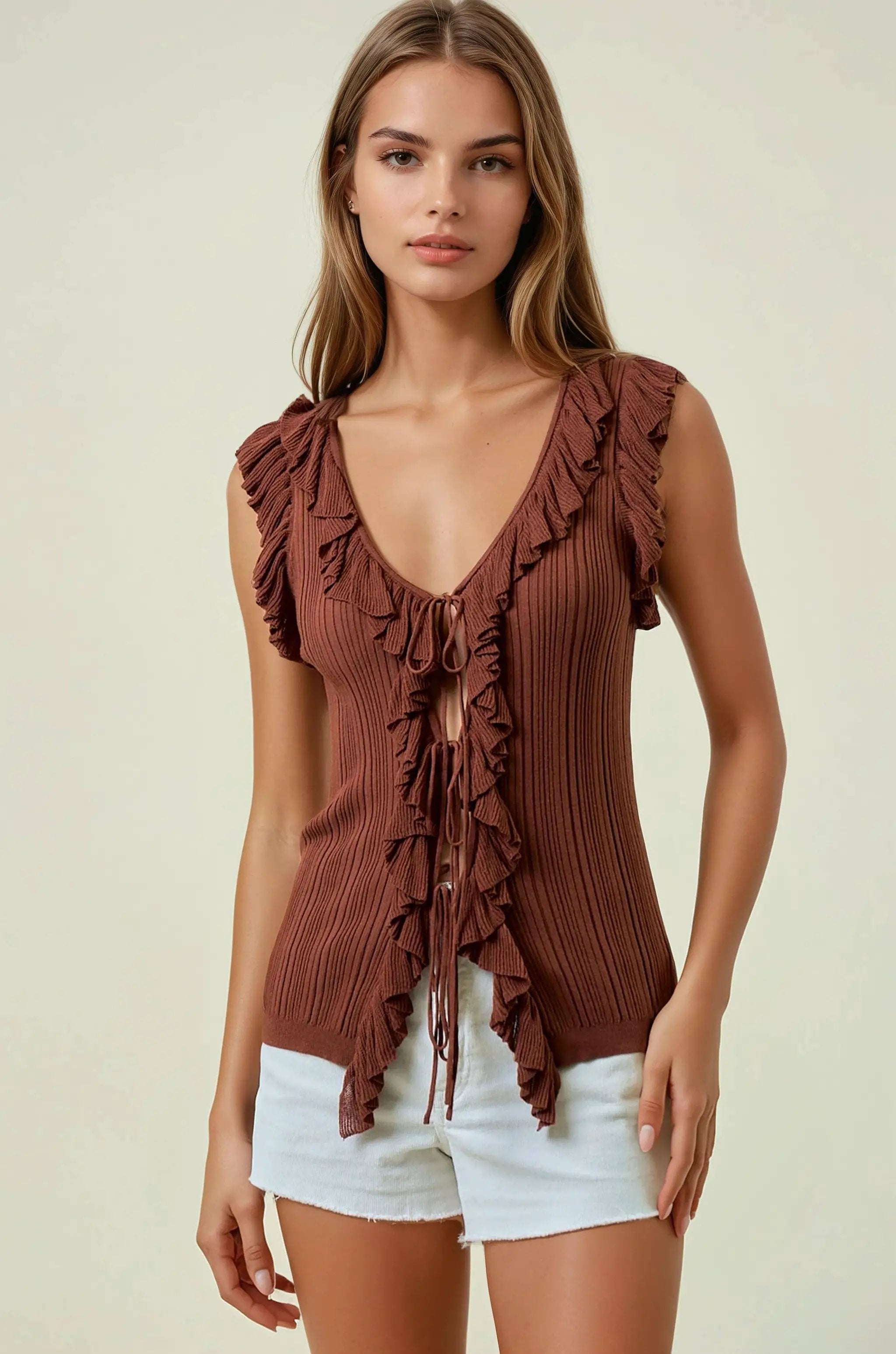 Doe and Rae The Terracotta Ruffle Tie-Front Ribbed Tank - Tank Tops