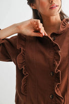 Camellia Camellia - RUFFLED BUTTON-UP DENIM JACKET: BROWN / S-M-L(3-2-1) -