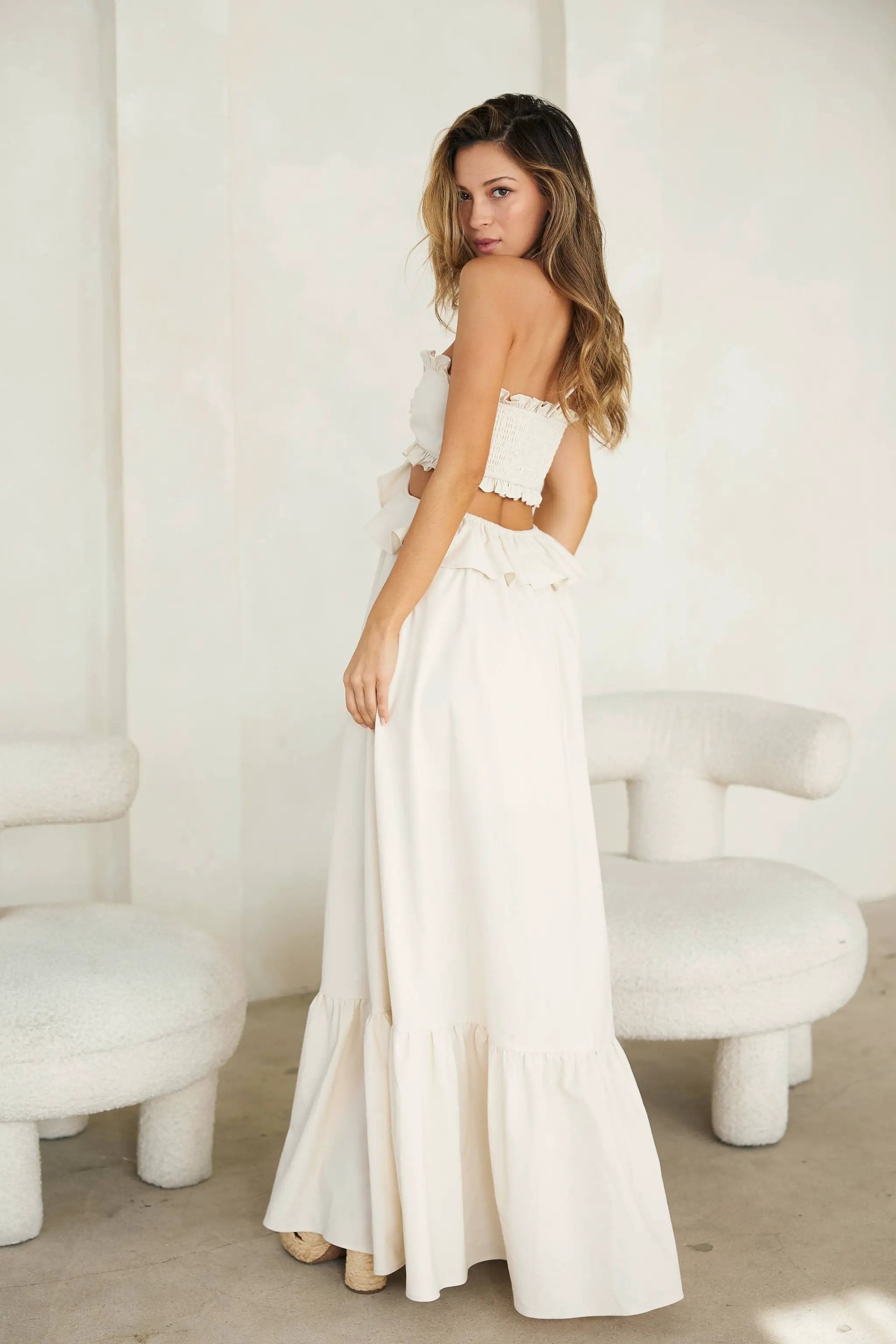 Endless Blu Endless Blu Ivory Cut-Out Ruffled Maxi Halter Dress - One-Pieces