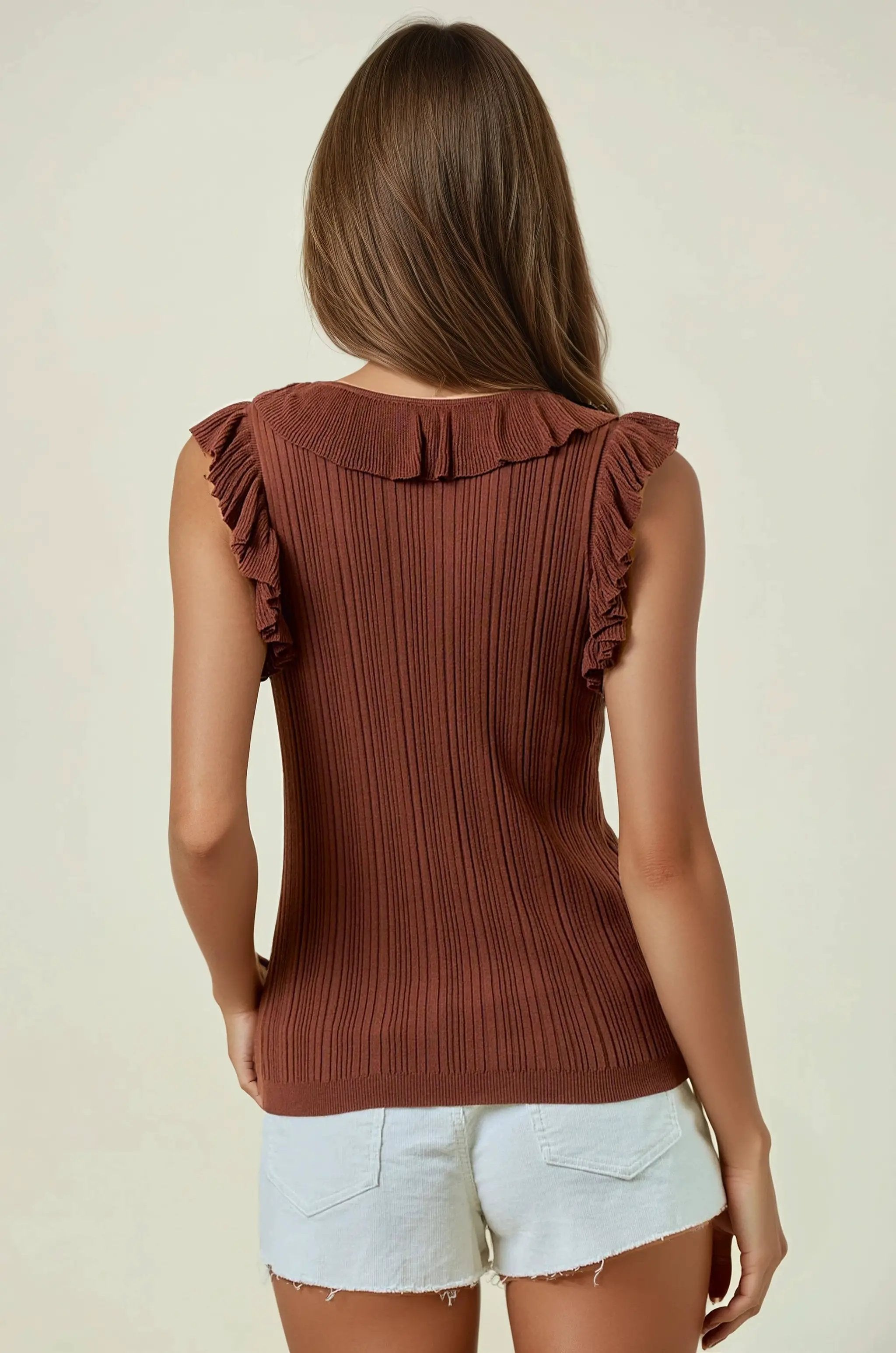 Doe and Rae The Terracotta Ruffle Tie-Front Ribbed Tank - Tank Tops