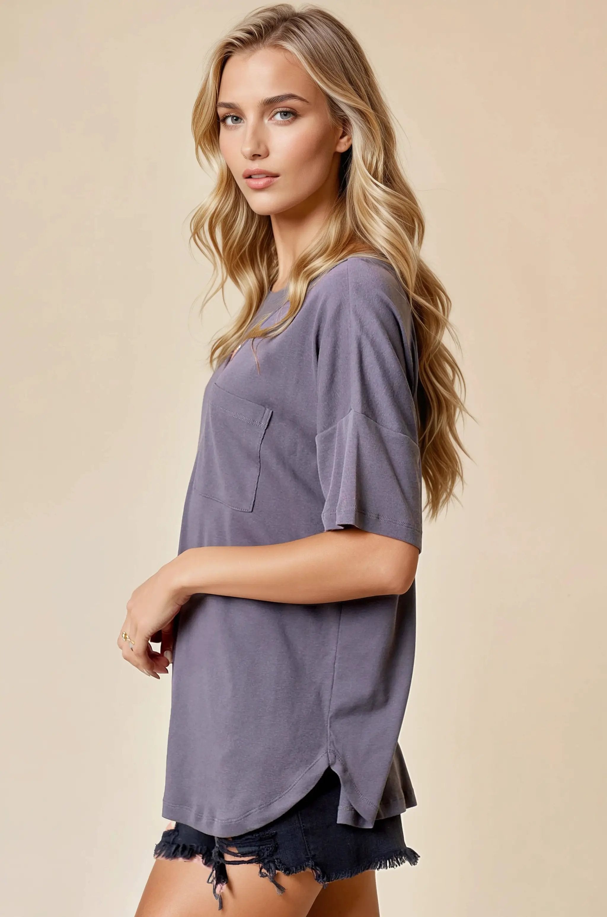 Doe and Rae The Oversized V-Neck Knit Top: Charcoal - T-Shirts