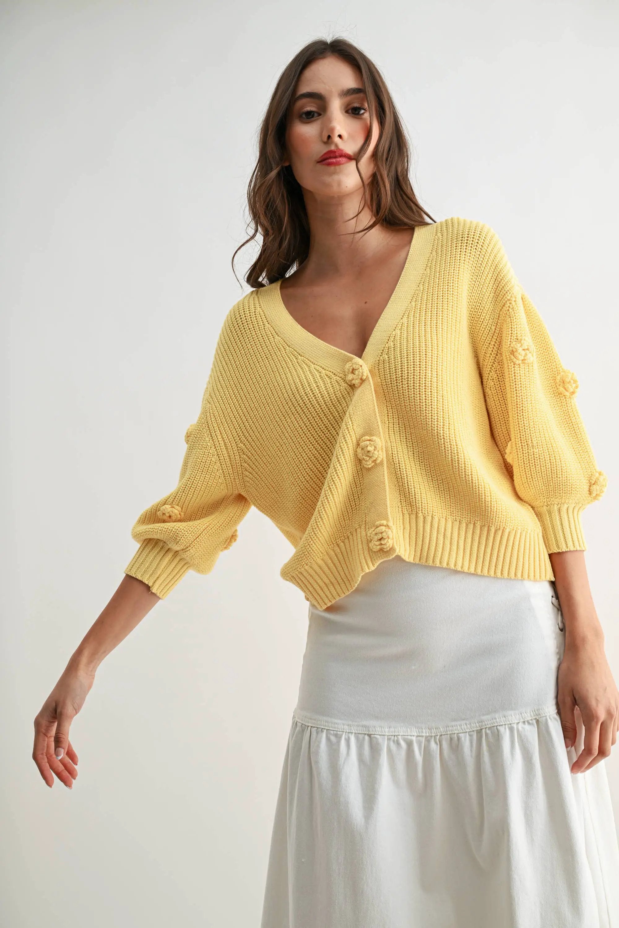 Model wearing a lemon-yellow textured knit cardigan with 3D floral buttons and an oversized silhouette.