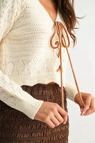Camellia Camellia - CJW26821 Ivory Lace-Up Pointelle Knit Sweater: CREAM/MOCHA / S-M-L (3-2-1) -
