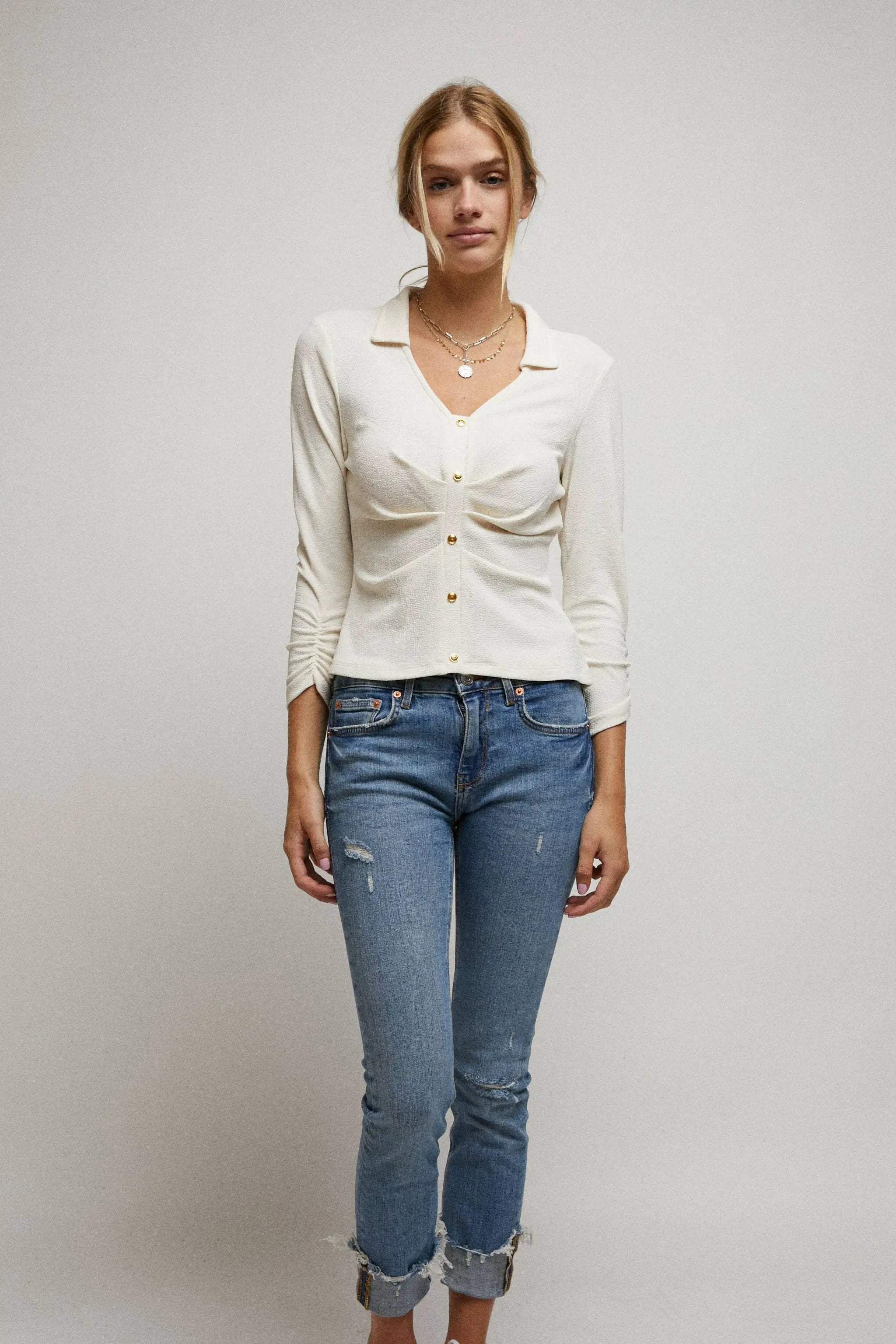 Cerule Cinched 3/4 Sleeves Pleated Front Collar V-Neck Top - Clothing Tops