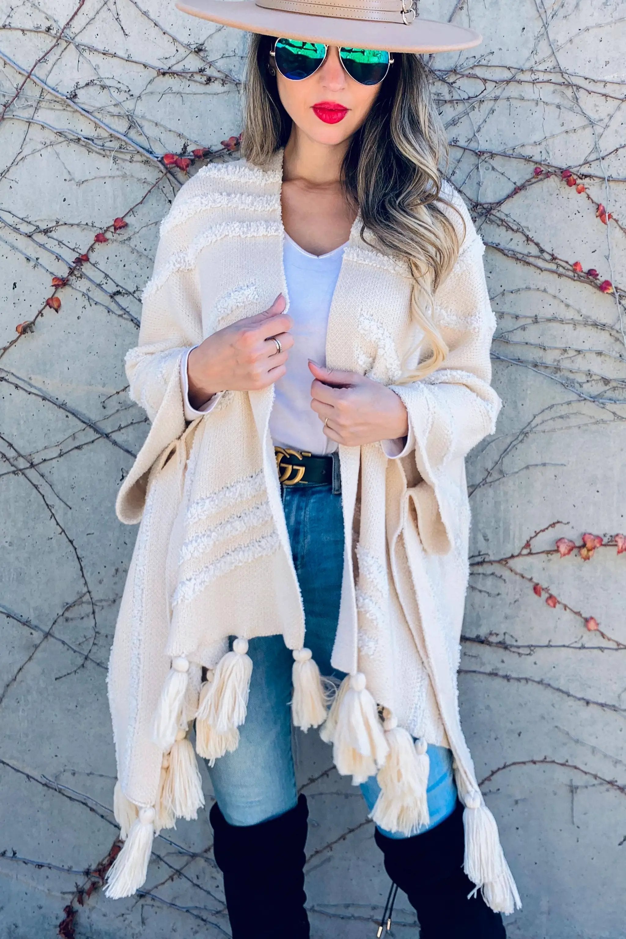 AMOLI AMOLI - Cream Western Textured Pattern with Chunky Tassel Cardigan - Cardigans