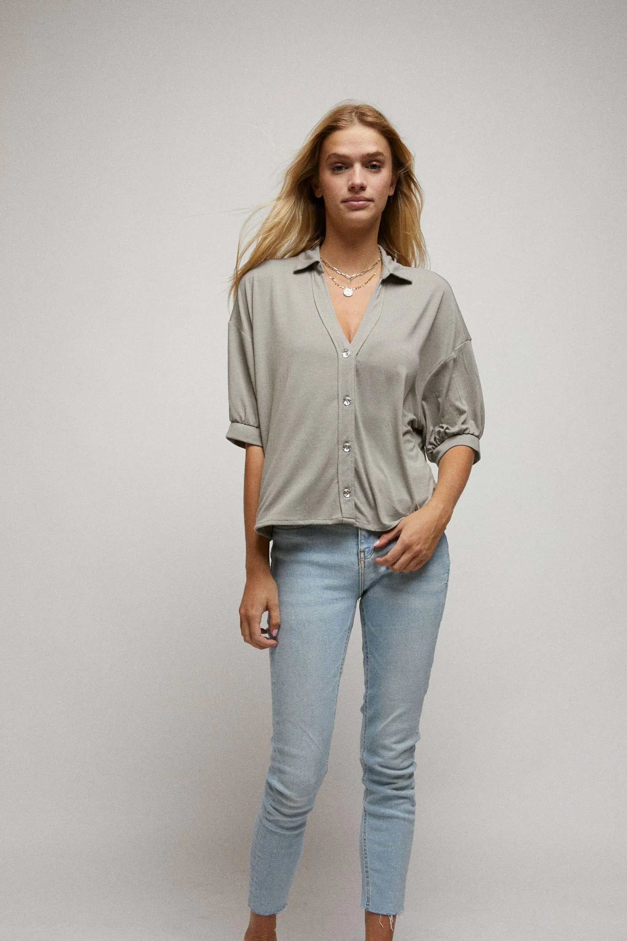 Cerule Elbow Sleeves W/Rhinstone Button Down Crop Shirt - Shirts