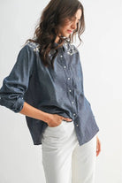 Camellia Camellia - EMBROIDERED DENIM BUTTON-UP LONG-SLEEVE SHIRT: DARK CHAMBRAY / S-M-L(3-2-1) -