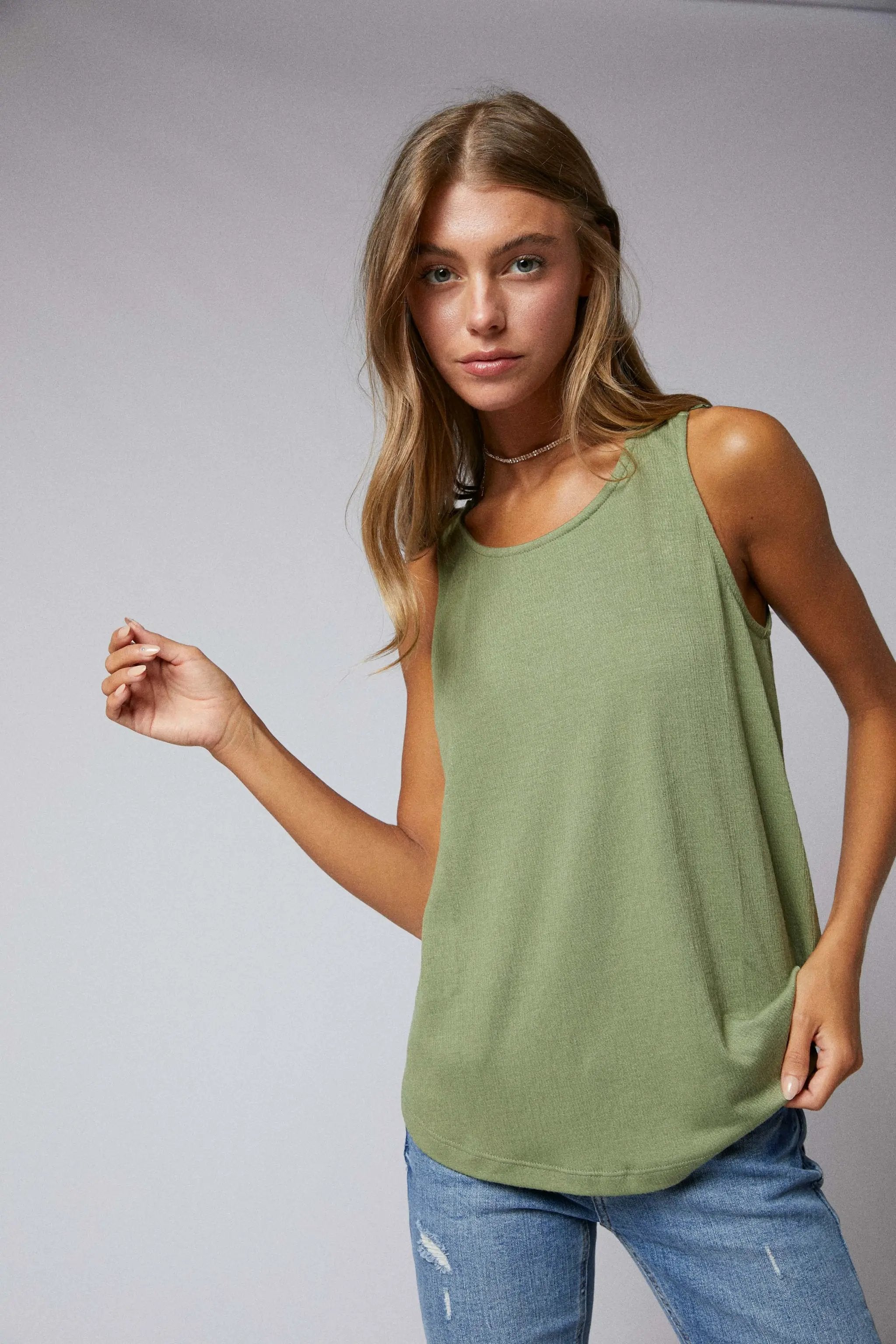 Cerule Sleeveless Back Lace Patch Crinkle Knit Swing Top - Tank Tops