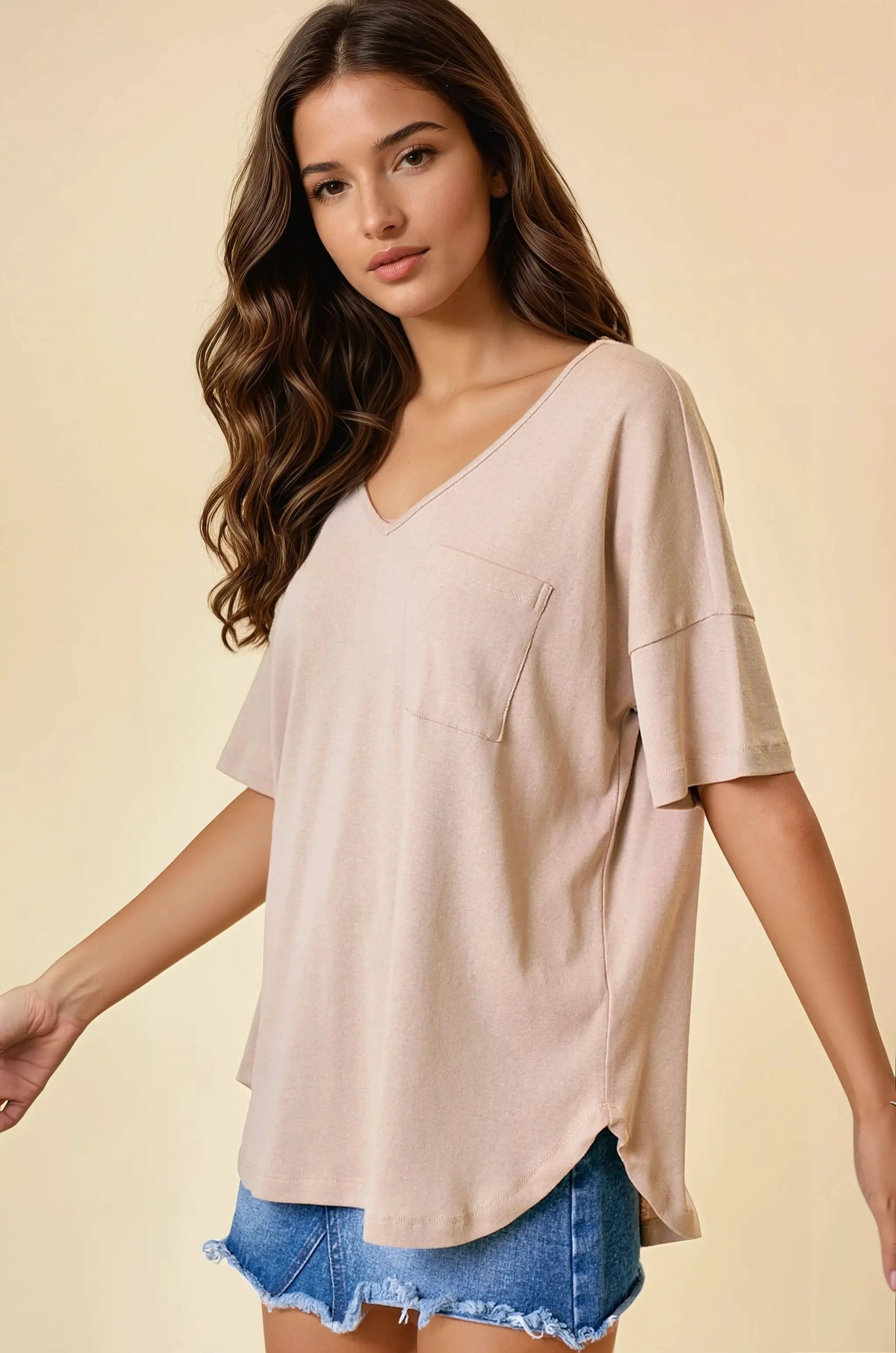 Doe and Rae The Oversized V-Neck Knit Top: Charcoal - T-Shirts