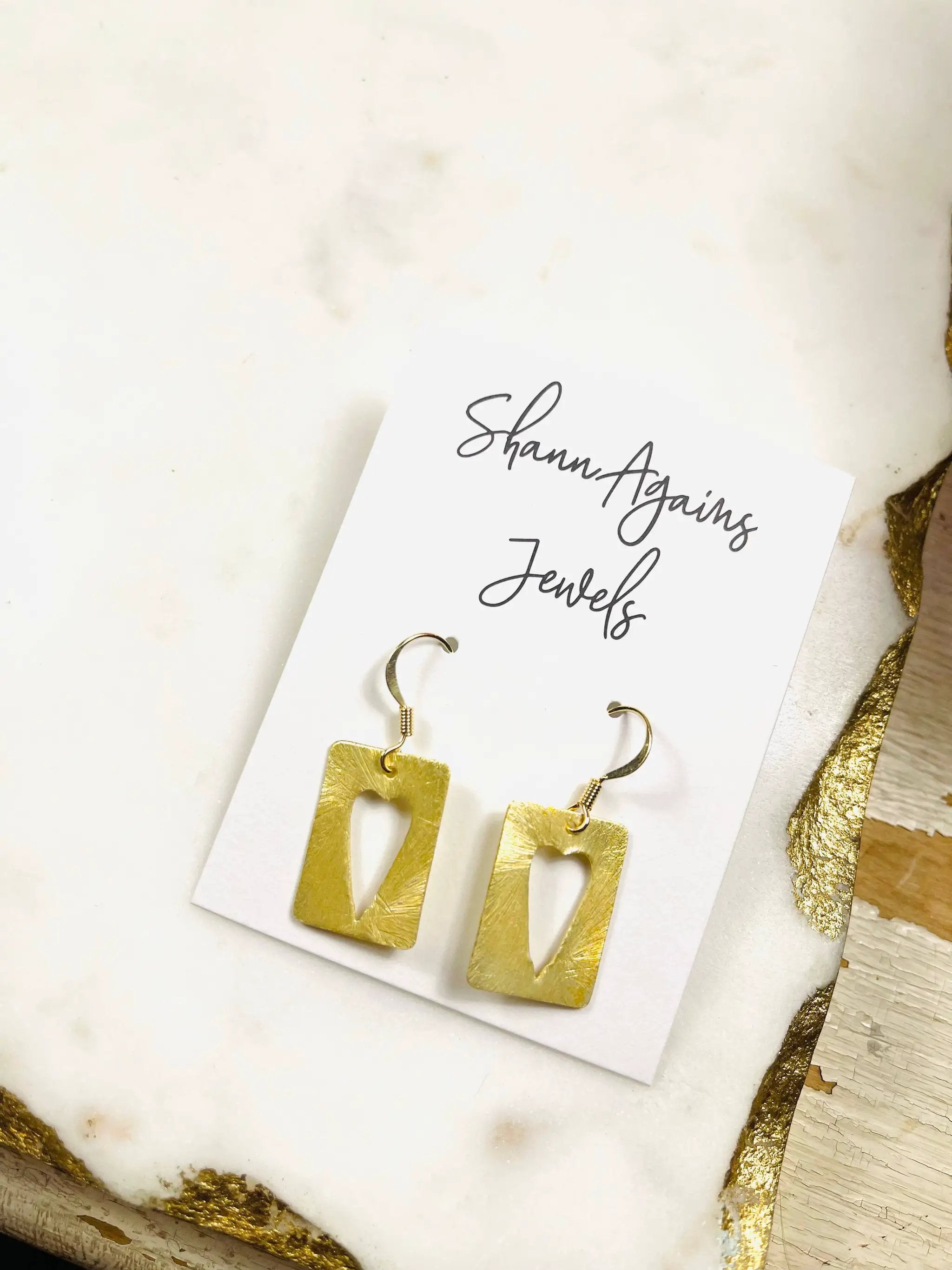 ShannAgains Jewels Gold Heart Earrings - Dangle Square Design - Earrings