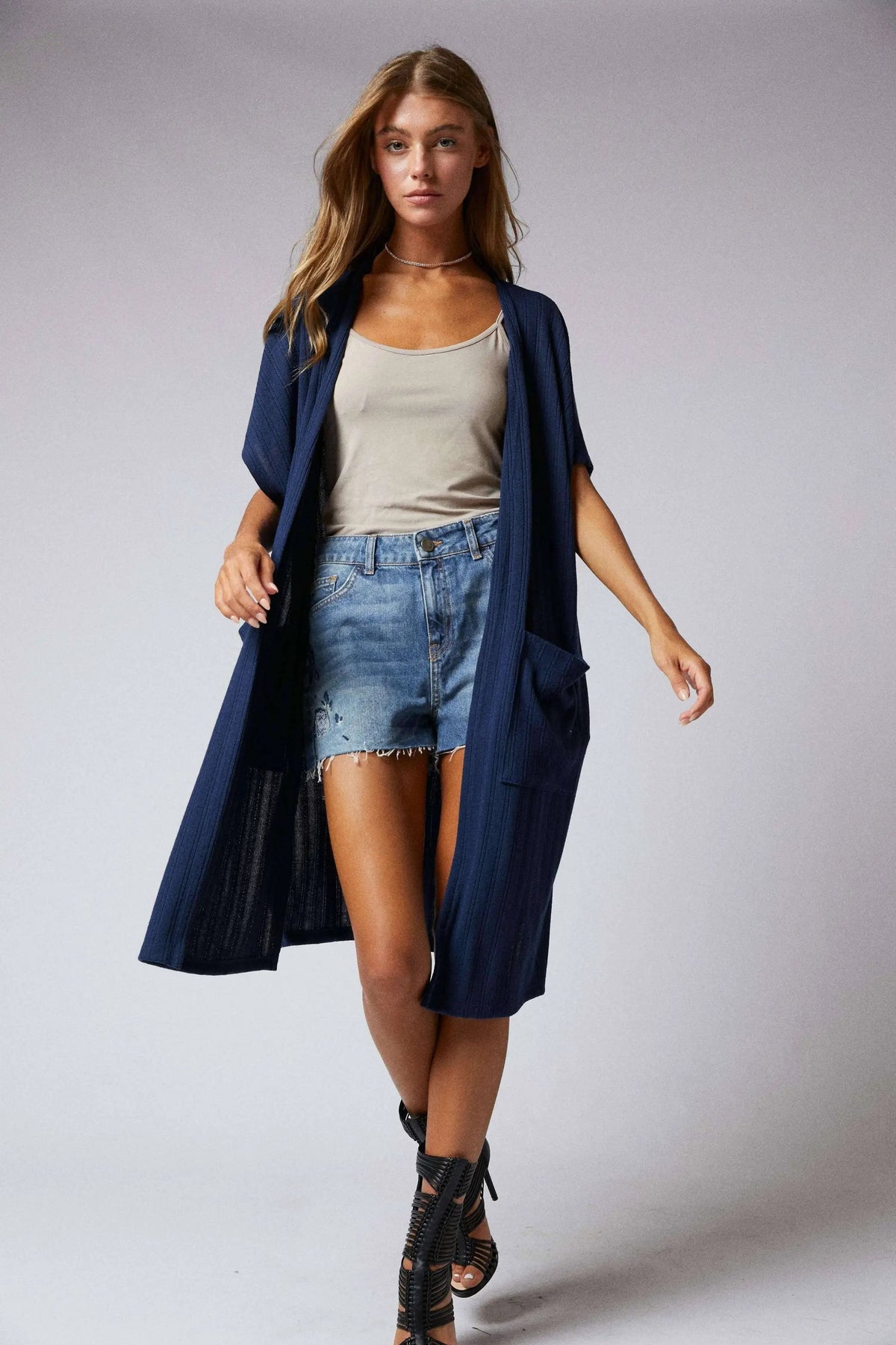 Cerule Navy Side Slit Duster Cardigan - Cardigans