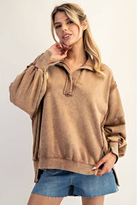 STYLE USA - Slow Burn Mocha Snap Collar Pullover