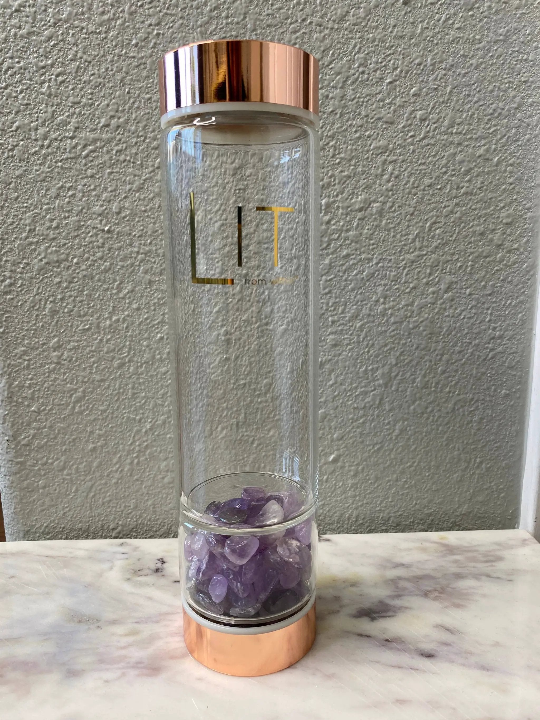 LIT From Within LIT From Within - Rose Gold Crystal Infused Glass Water Bottle - Amethyst -