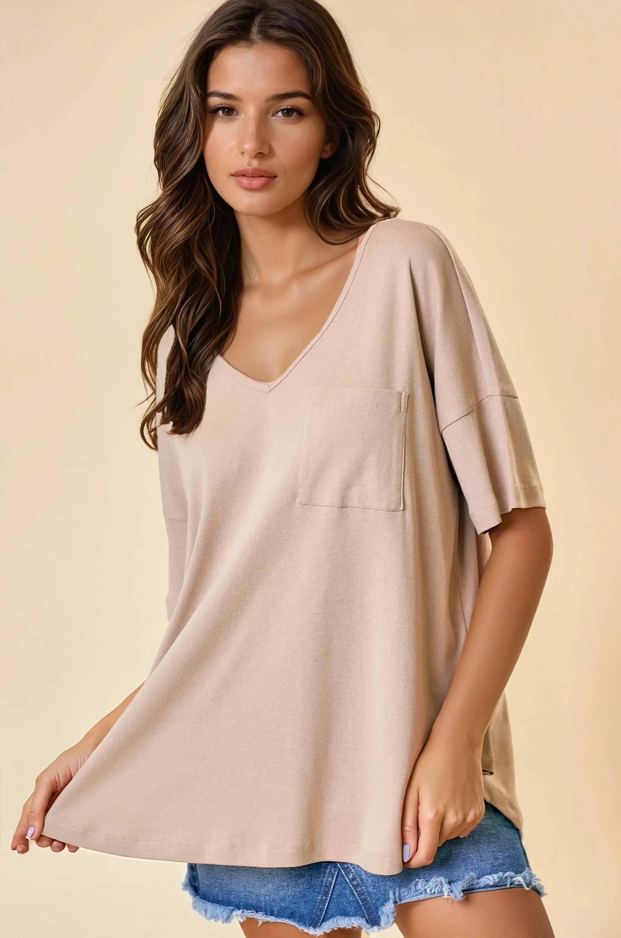 Doe and Rae The Oversized V-Neck Knit Top: Charcoal - T-Shirts