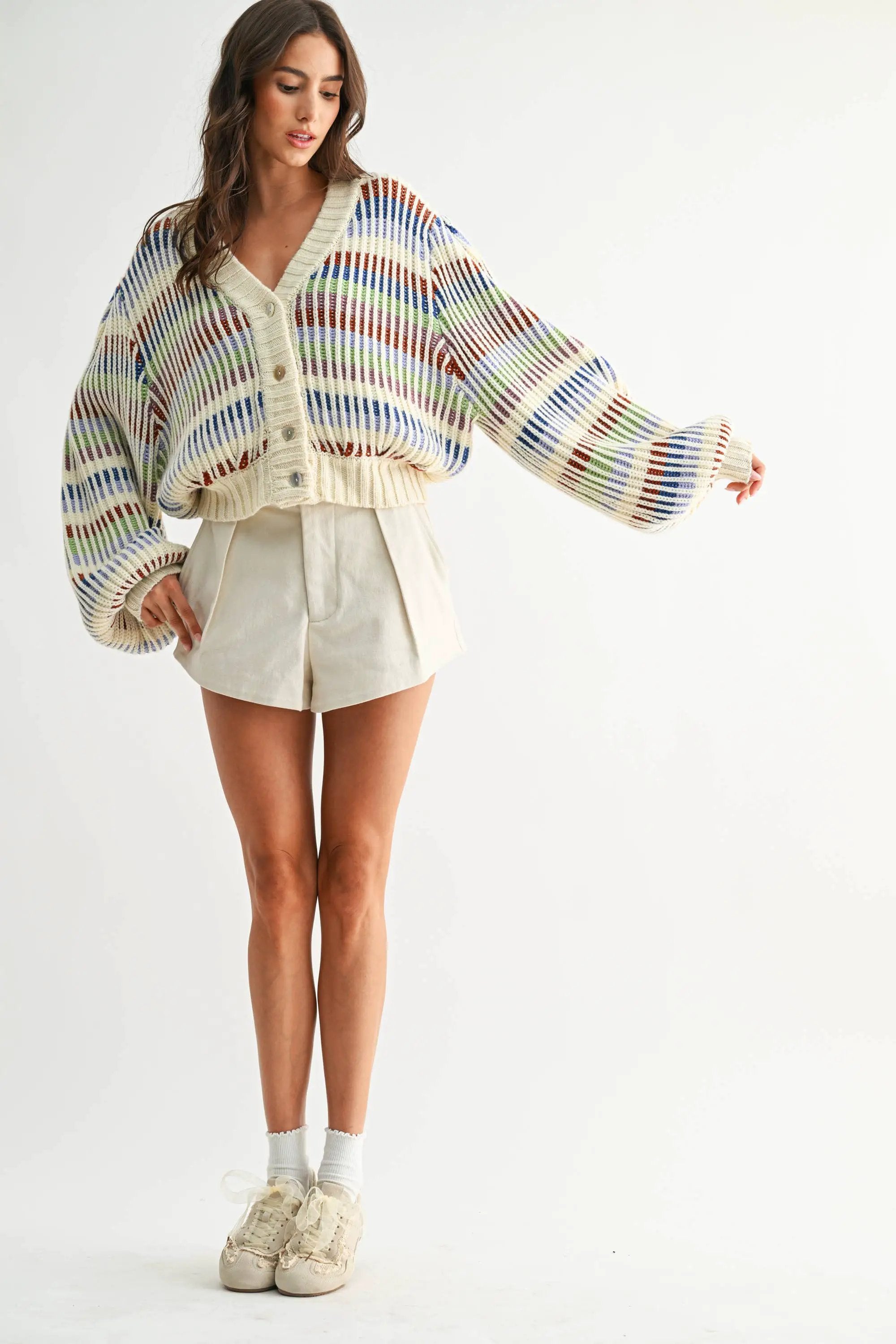 Camellia Camellia - CWT26016 Multicolor Striped Chunky Knit Cardigan: MULTI STRIPE / S-M-L (3-2-1) -