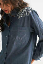Camellia Camellia - EMBROIDERED DENIM BUTTON-UP LONG-SLEEVE SHIRT: DARK CHAMBRAY / S-M-L(3-2-1) -