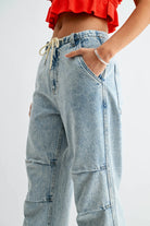 Camellia Camellia - CB10040E Relaxed Fit Wide-Leg Jeans with Drawstring: LIGHT WASHED DENIM / S-M-L (3-2-1) -