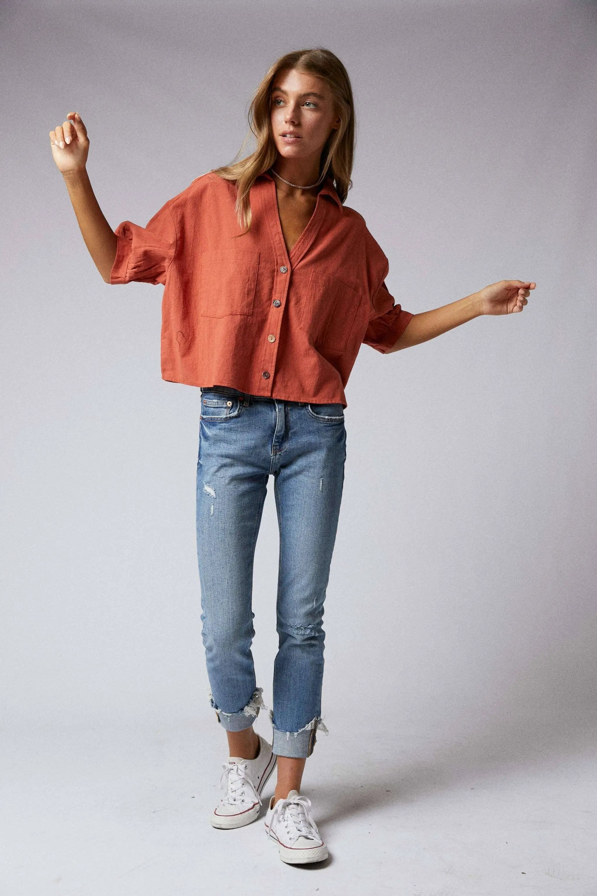Cerule Elbow Sleeves Button Down 2 Pocket Crop Shirt - Shirts