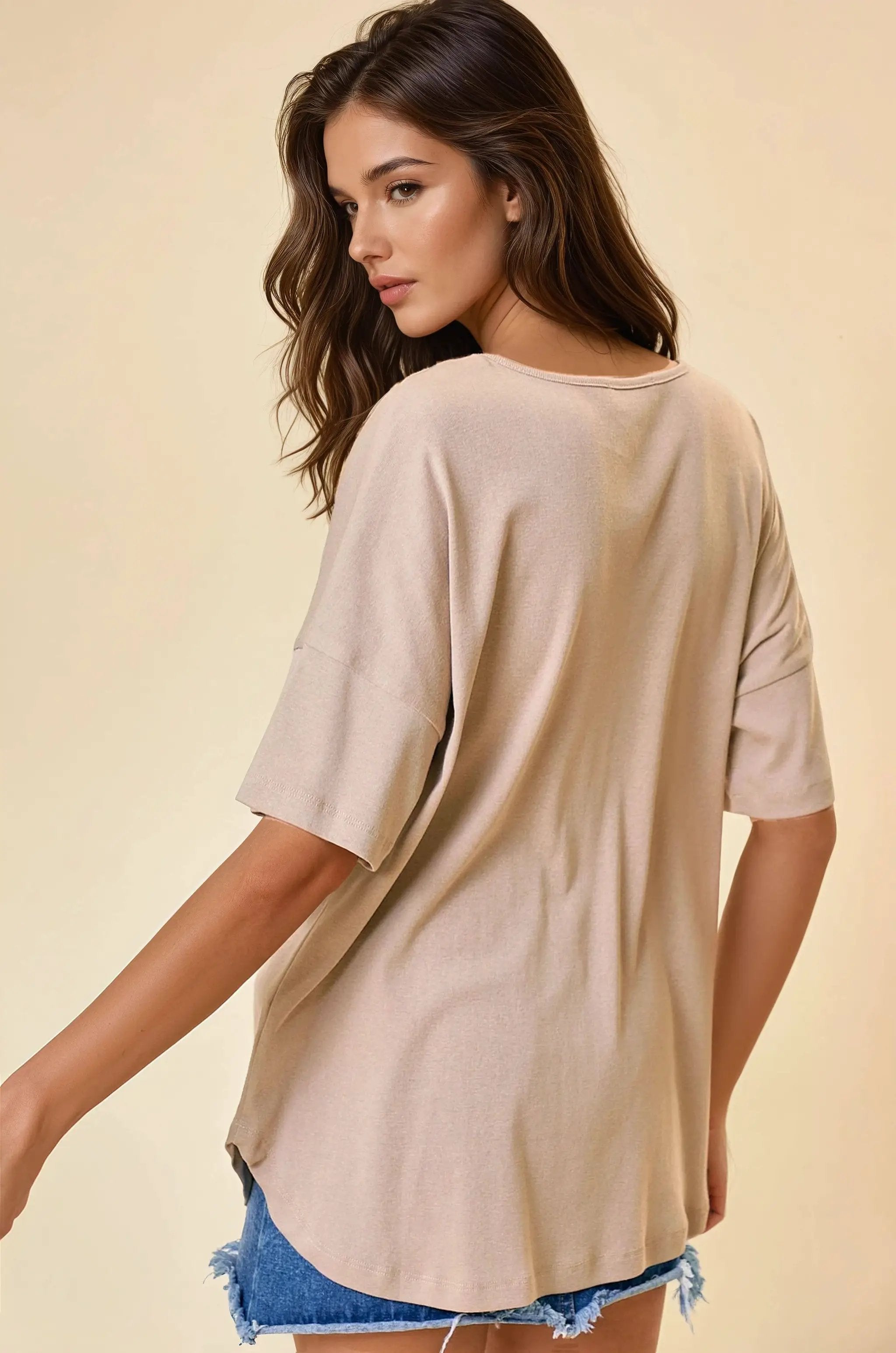 Doe and Rae The Oversized V-Neck Knit Top: Khaki - T-Shirts