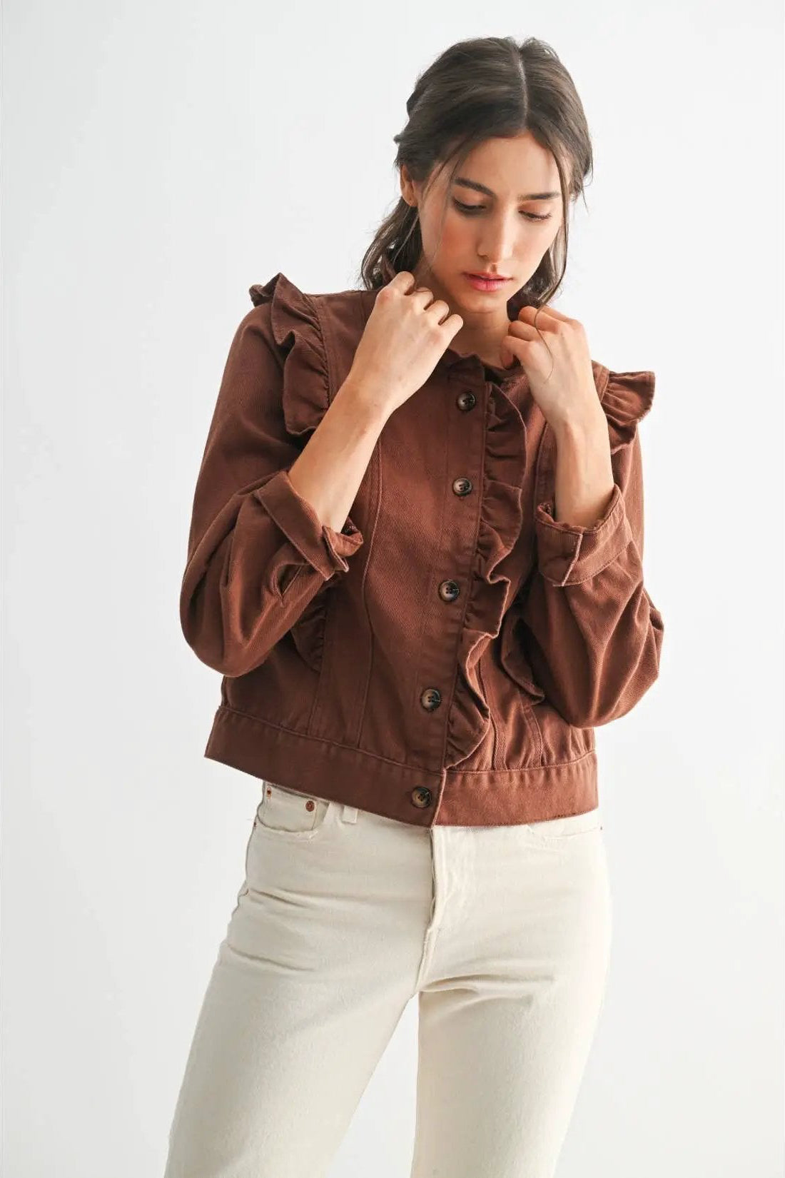 Camellia Camellia - RUFFLED BUTTON-UP DENIM JACKET: BROWN / S-M-L(3-2-1) -