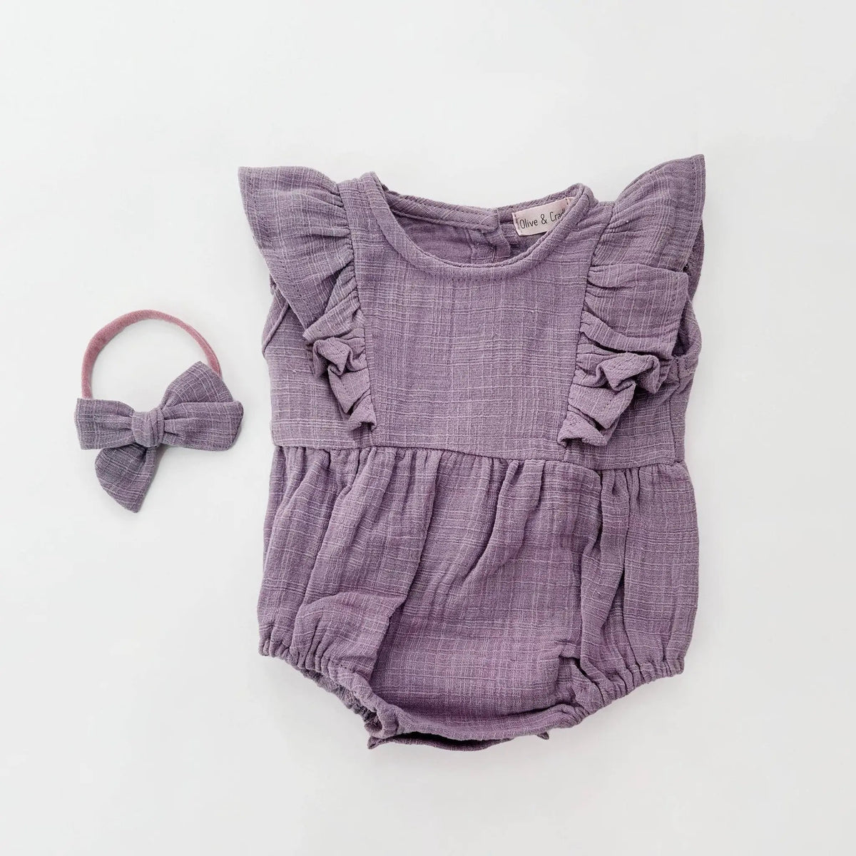 OLIVE & CRADLE The Sweet Pea Ruffle Bubble Romper + Bow Set - Baby One-Pieces