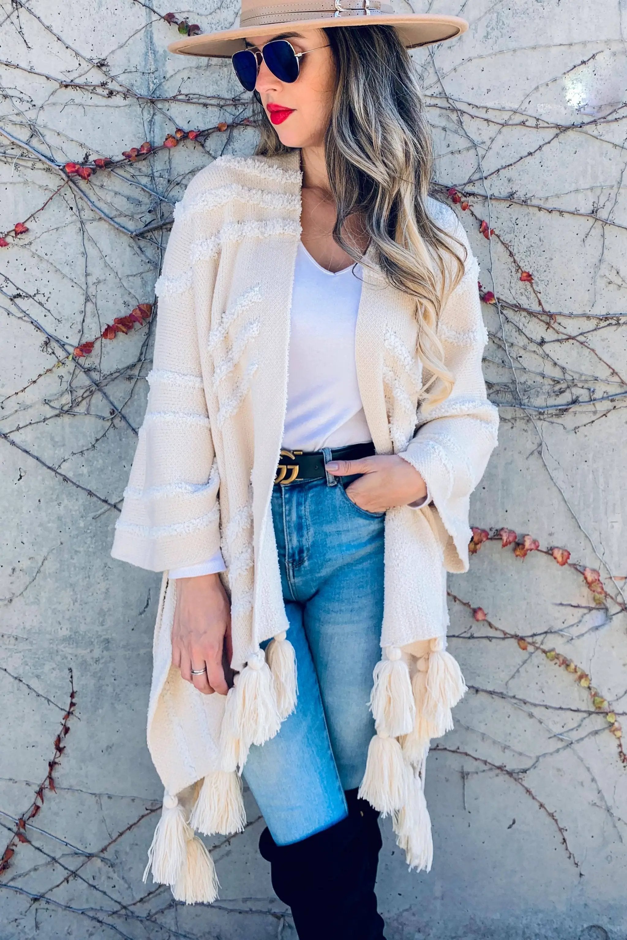 AMOLI AMOLI - Cream Western Textured Pattern with Chunky Tassel Cardigan - Cardigans