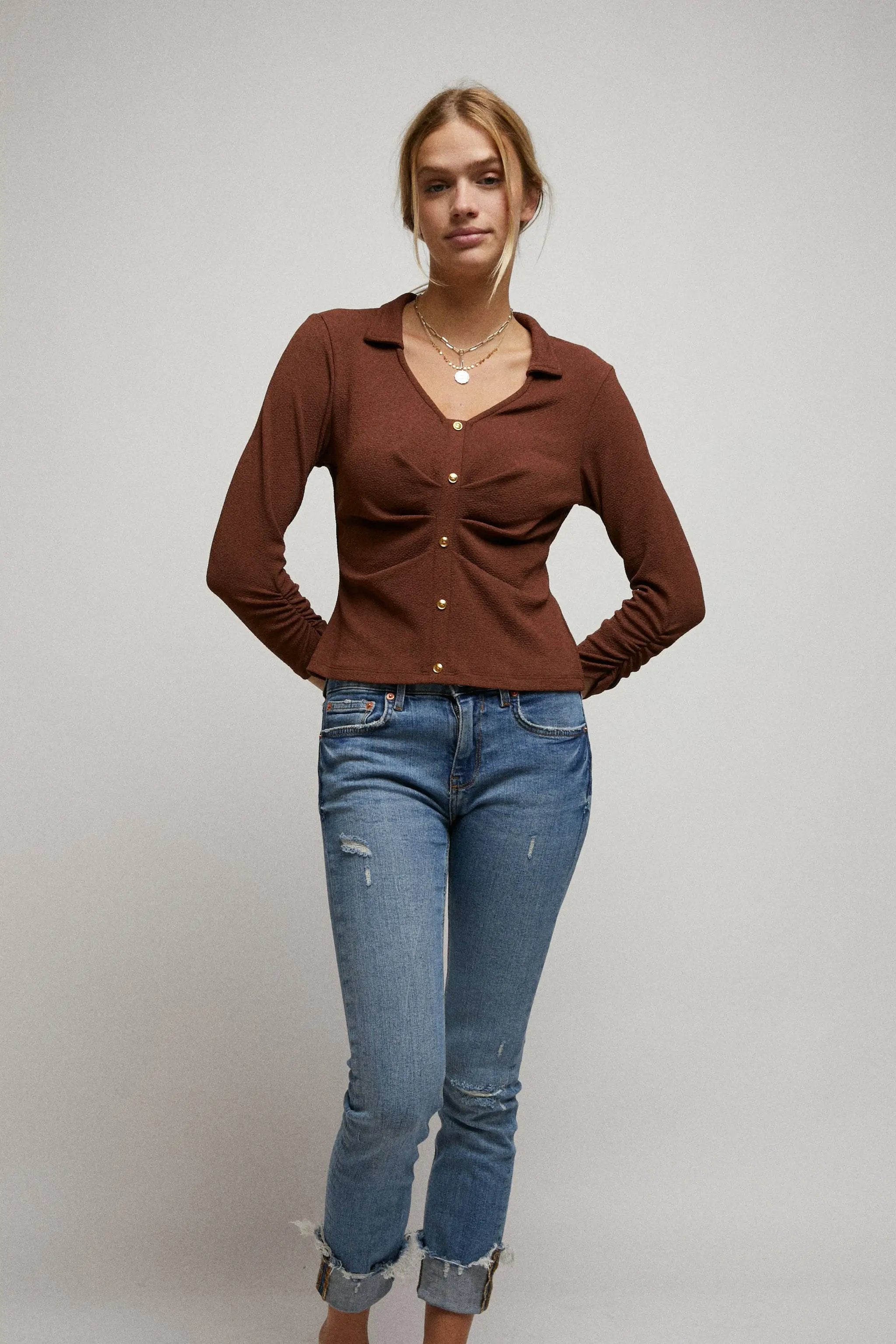 Cerule Cinched 3/4 Sleeves Pleated Front Collar V-Neck Top - Clothing Tops