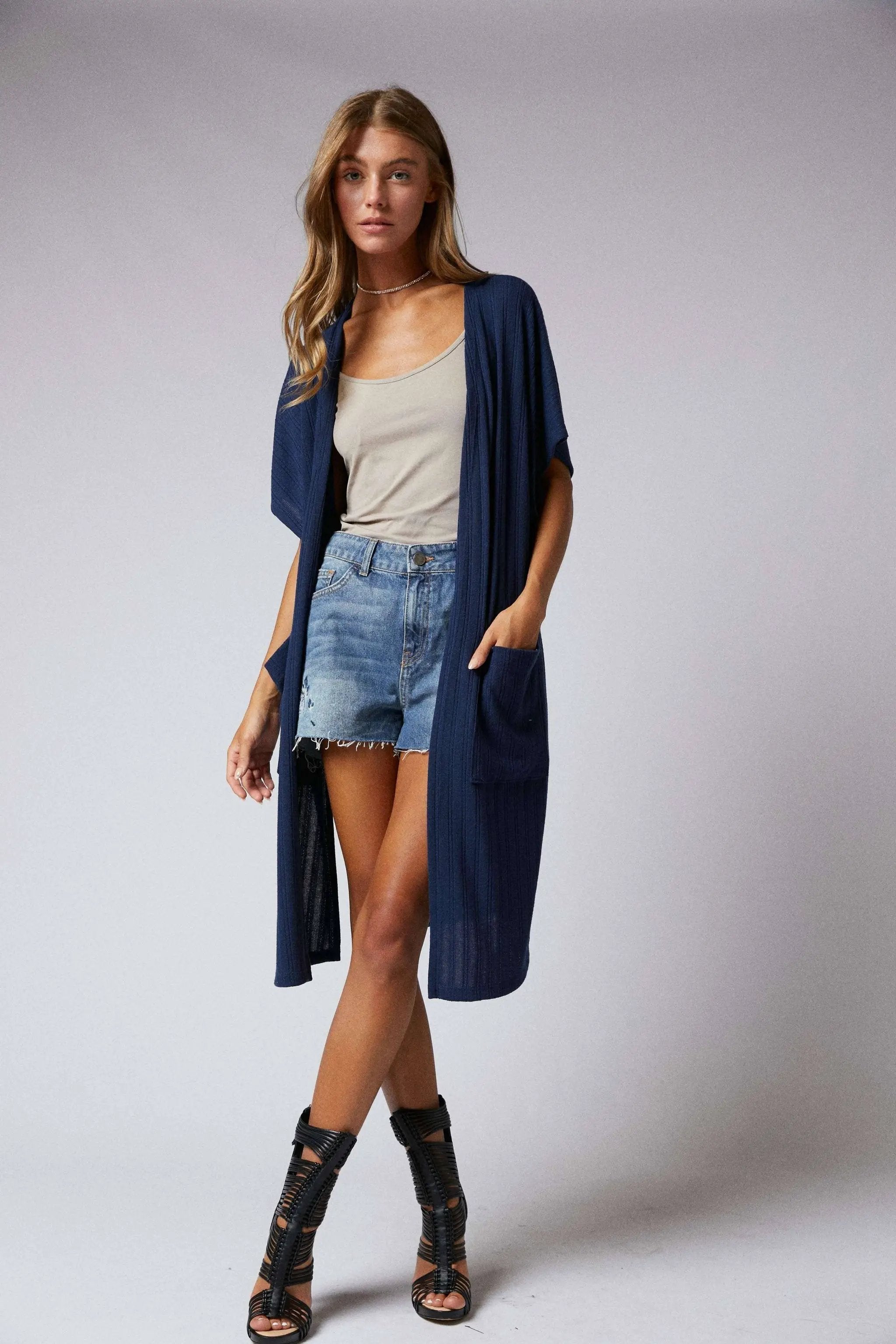 Cerule Navy Side Slit Duster Cardigan - Cardigans