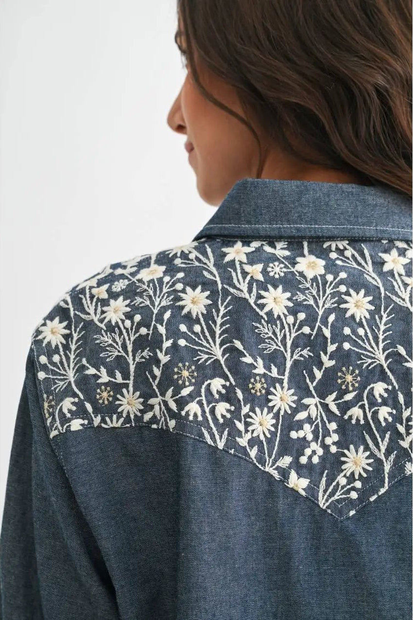 Camellia Camellia - EMBROIDERED DENIM BUTTON-UP LONG-SLEEVE SHIRT: DARK CHAMBRAY / S-M-L(3-2-1) -