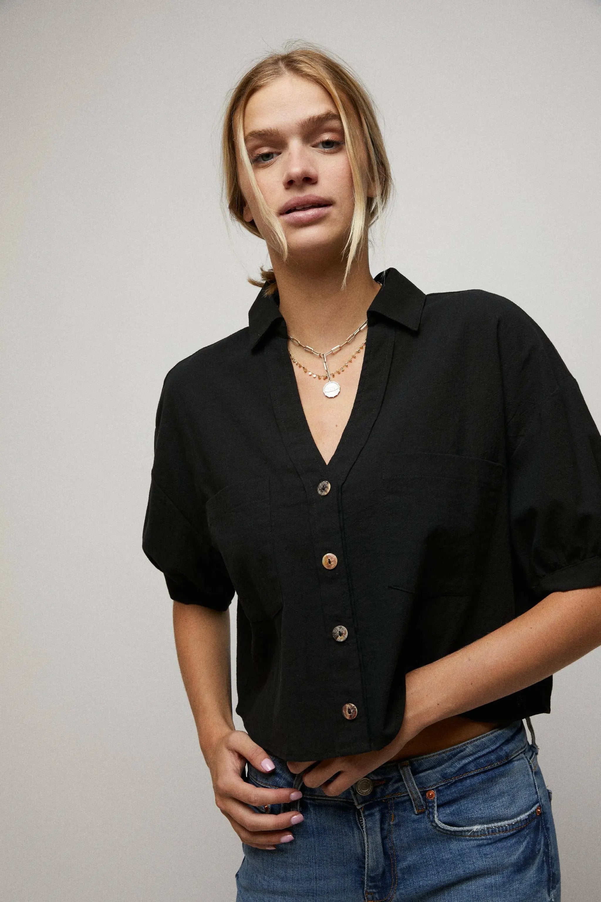Cerule Elbow Sleeves Button Down 2 Pocket Crop Shirt - Shirts