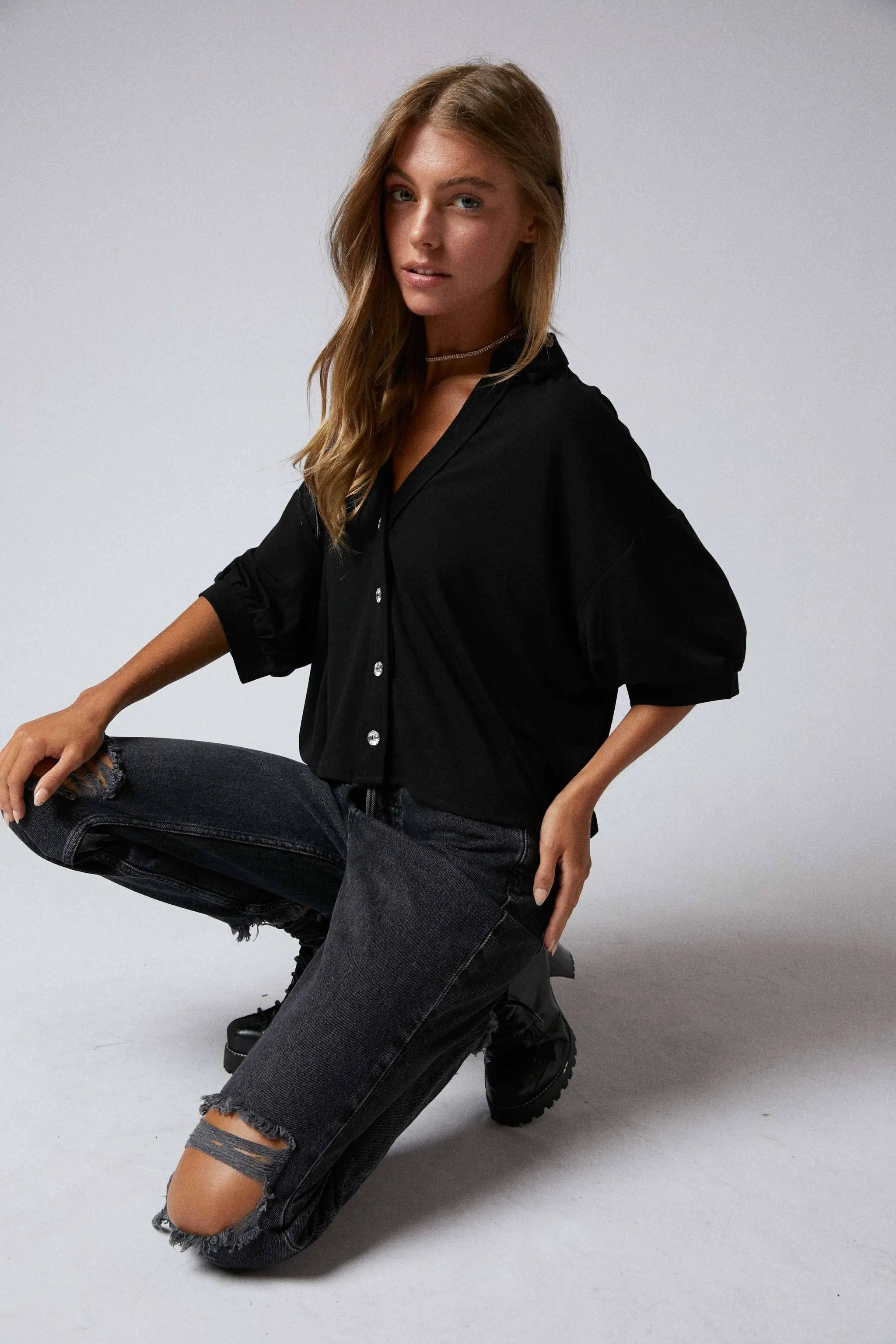 Cerule Elbow Sleeves W/Rhinstone Button Down Crop Shirt - Shirts