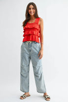 Camellia Camellia - CB10040E Relaxed Fit Wide-Leg Jeans with Drawstring: LIGHT WASHED DENIM / S-M-L (3-2-1) -