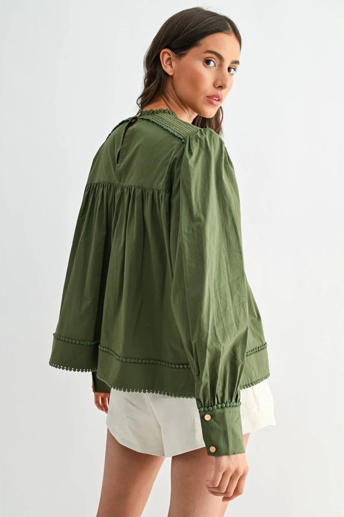 Camellia Camellia - EMBROIDERED OLIVE PUFF SLEEVE BLOUSE WTIH TRIM: OLIVE GREEN / S-M-L(3-2-1) -